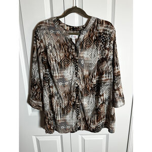 Denim & Co. d&co. Brown & White Abstract Blouse 2X